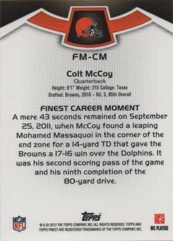 2012 Finest - Moments #FM-CM Colt McCoy Back