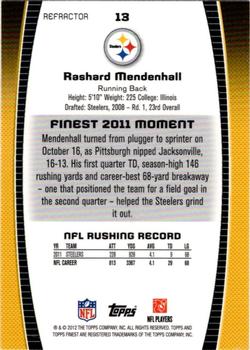 2012 Finest - Prism Refractors #13 Rashard Mendenhall Back