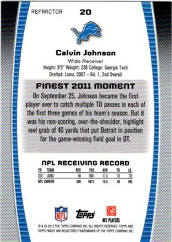 2012 Finest - Prism Refractors #20 Calvin Johnson Back