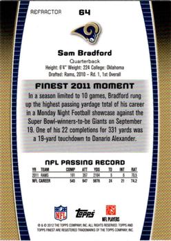 2012 Finest - Prism Refractors #64 Sam Bradford Back