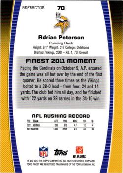 2012 Finest - Prism Refractors #70 Adrian Peterson Back