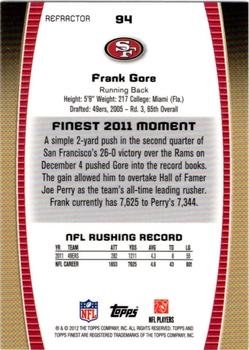 2012 Finest - Prism Refractors #94 Frank Gore Back