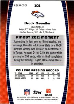 2012 Finest - Prism Refractors #101 Brock Osweiler Back