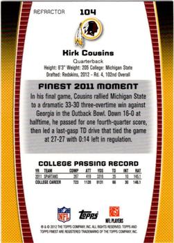2012 Finest - Prism Refractors #104 Kirk Cousins Back