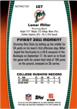 2012 Finest - Prism Refractors #107 Lamar Miller Back