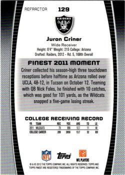 2012 Finest - Prism Refractors #129 Juron Criner Back