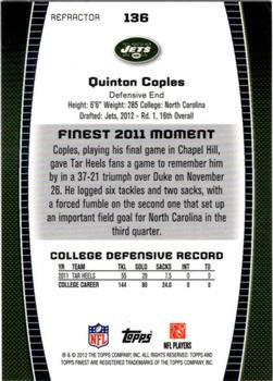 2012 Finest - Prism Refractors #136 Quinton Coples Back