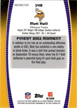 2012 Finest - Prism Refractors #149 Matt Kalil Back