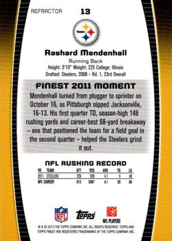 2012 Finest - Red Refractors #13 Rashard Mendenhall Back