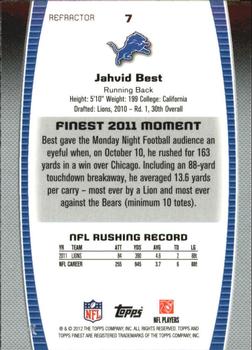 2012 Finest - Refractors #7 Jahvid Best Back