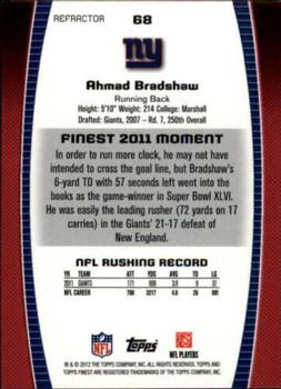 2012 Finest - Refractors #68 Ahmad Bradshaw Back