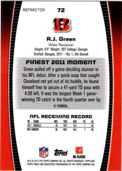 2012 Finest - Refractors #72 A.J. Green Back