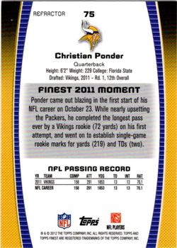 2012 Finest - Refractors #75 Christian Ponder Back