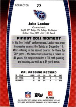 2012 Finest - Refractors #77 Jake Locker Back