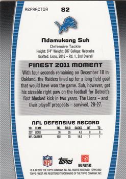 2012 Finest - Refractors #82 Ndamukong Suh Back
