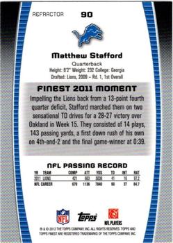 2012 Finest - Refractors #90 Matthew Stafford Back