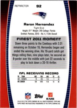 2012 Finest - Refractors #92 Aaron Hernandez Back