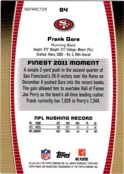 2012 Finest - Refractors #94 Frank Gore Back