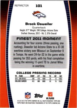 2012 Finest - Refractors #101 Brock Osweiler Back