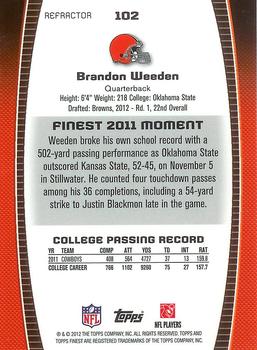 2012 Finest - Refractors #102 Brandon Weeden Back