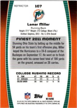 2012 Finest - Refractors #107 Lamar Miller Back