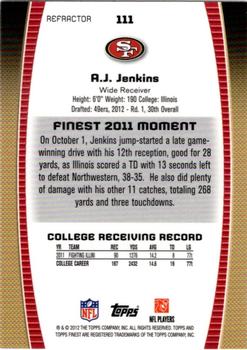 2012 Finest - Refractors #111 A.J. Jenkins Back