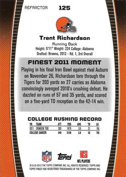 2012 Finest - Refractors #125 Trent Richardson Back