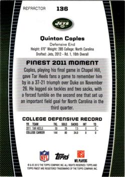 2012 Finest - Refractors #136 Quinton Coples Back