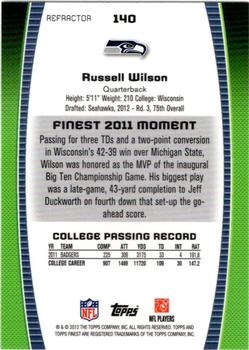 2012 Finest - Refractors #140 Russell Wilson Back