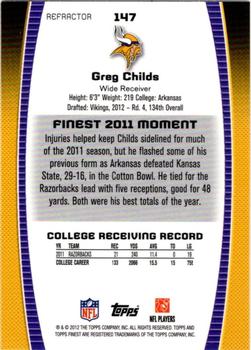 2012 Finest - Refractors #147 Greg Childs Back