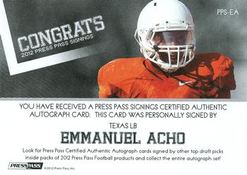 2012 Press Pass - Autographs Blue #PPS-EA Emmanuel Acho Back