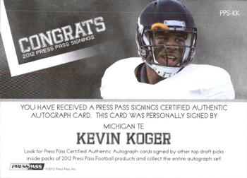 2012 Press Pass - Autographs Bronze #PPS-KK Kevin Koger Back