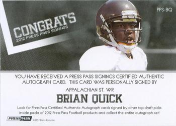 2012 Press Pass - Autographs Silver #PPS-BQ Brian Quick Back