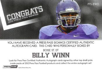 2012 Press Pass - Autographs Silver #PPS-BW2 Billy Winn Back
