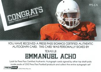 2012 Press Pass - Autographs Silver #PPS-EA Emmanuel Acho Back