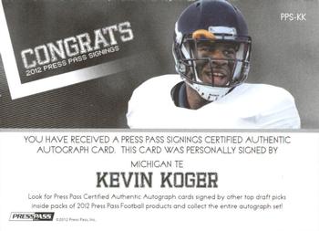 2012 Press Pass - Autographs Silver #PPS-KK Kevin Koger Back