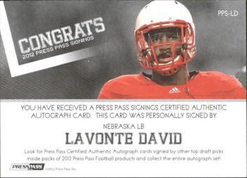 2012 Press Pass - Autographs Silver #PPS-LD Lavonte David Back