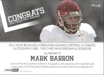 2012 Press Pass - Autographs Silver #PPS-MB Mark Barron Back