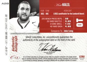2012 SAGE Autographed - Autographs Gold #A28 Matt Kalil Back