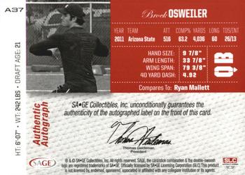 2012 SAGE Autographed - Autographs Master Edition #A37 Brock Osweiler Back