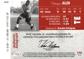 2012 SAGE Autographed - Autographs Platinum #A2 Dwayne Allen Back