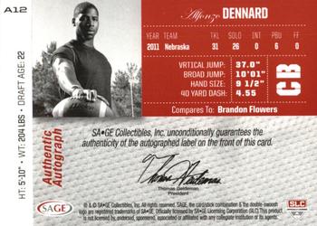 2012 SAGE Autographed - Autographs Platinum #A12 Alfonzo Dennard Back