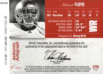 2012 SAGE Autographed - Autographs Platinum #A14 Michael Floyd Back