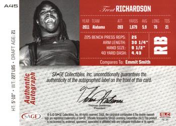 2012 SAGE Autographed - Autographs Platinum #A45 Trent Richardson Back
