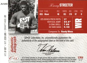 2012 SAGE Autographed - Autographs Platinum #A46 Tommy Streeter Back