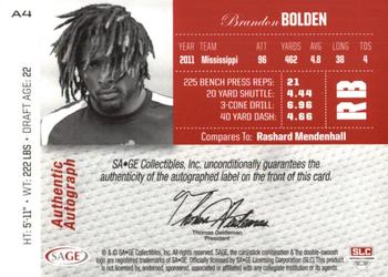 2012 SAGE Autographed - Autographs Red #A4 Brandon Bolden Back