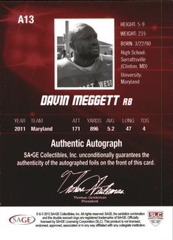 2012 SAGE HIT - Autographs #A13 Davin Meggett Back