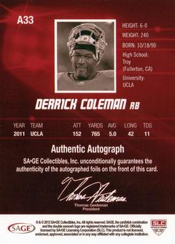 2012 SAGE HIT - Autographs #A33 Derrick Coleman Back