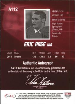 2012 SAGE HIT - Autographs #A112 Eric Page Back
