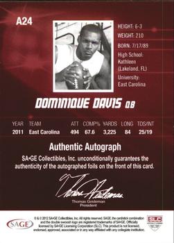 2012 SAGE HIT - Autographs Gold #A24 Dominique Davis Back